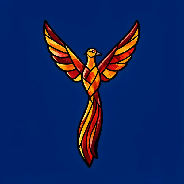 Amber Firebird Rising in Stained Glass on Navy, original artwork by FrostyForge